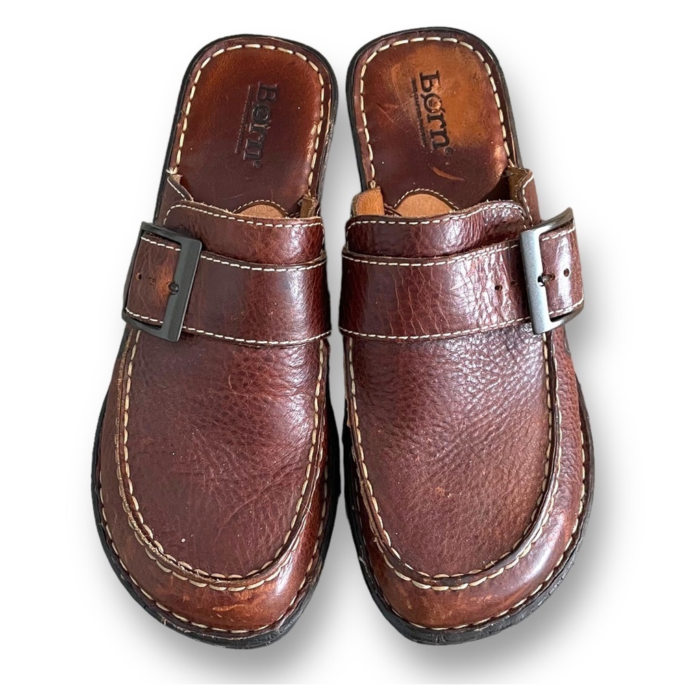 BORN Brown Leather Mule Clog Buckle Slip On Women's Size 8 - Picture 5 of 7